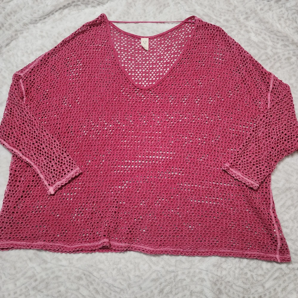 We the Free/Free People Napa Tee/Cover-Up Open Knit Crochet Oversized Sz L Pink